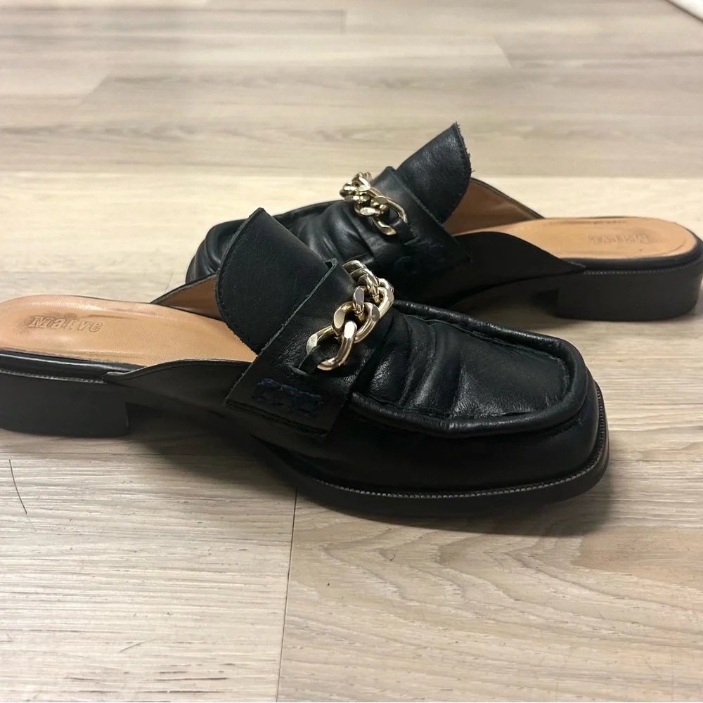 Anthropologie Maeve Shoes Loafers Black Leather Flats Gold Chain Women 37 US 6.5